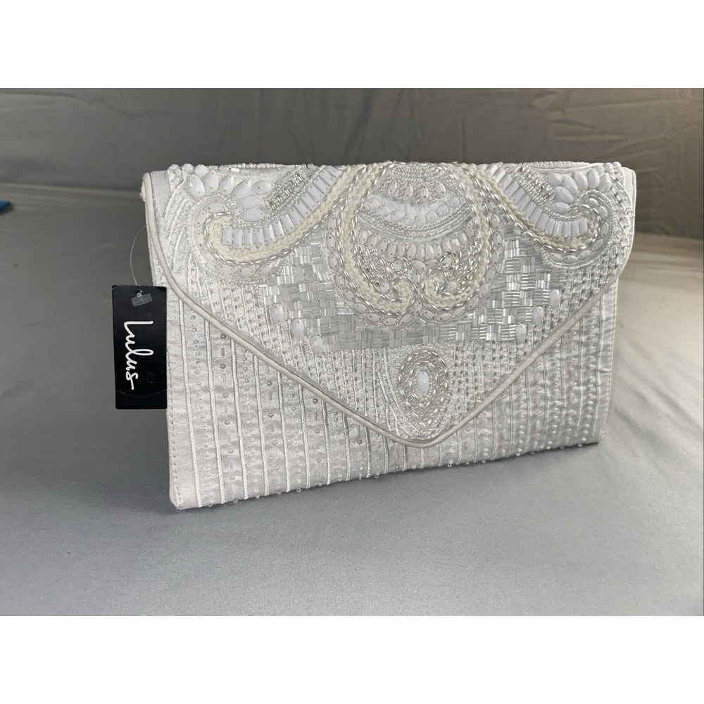 Lulus Beaded Clutch Ivory Bridal Evening Bag Wedding Purse Chain Strap